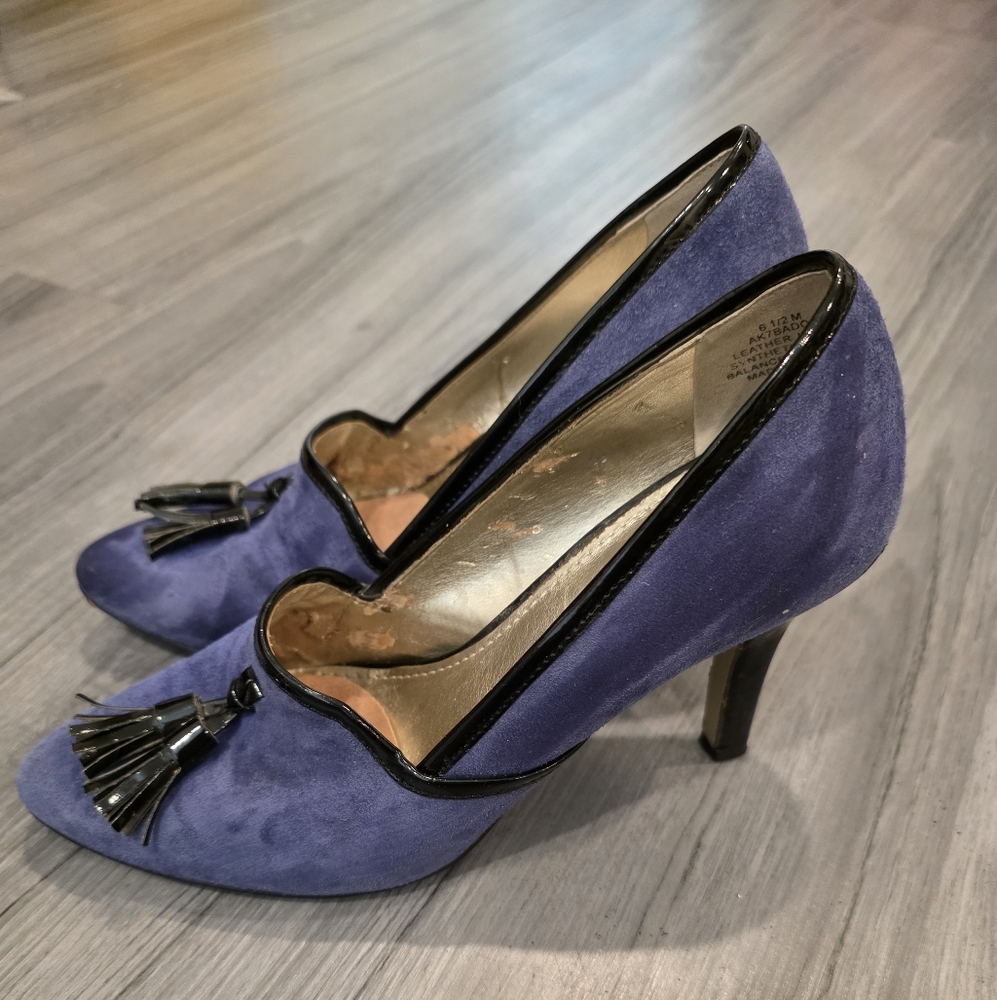 Anna Klein Women Leather Upper Syn Suede Blue Black Tassle Heel Shoes Size 6.5